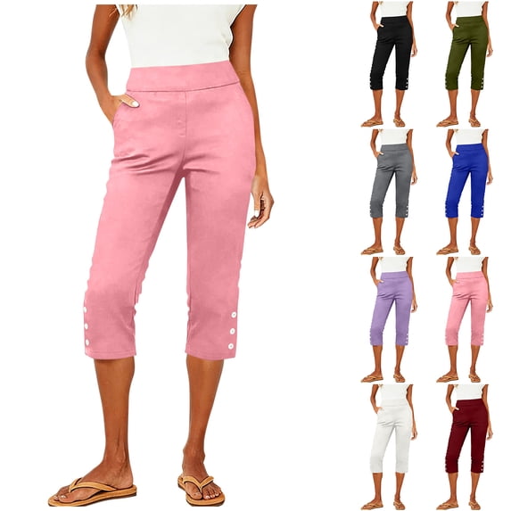 Bloomae Women's Capris Trendy Solid Color Casual Elastic High Waist Pull-On Stretch Button Decor Skinny Athletic Yoga Workout Capri Pants with Pockets Purple S