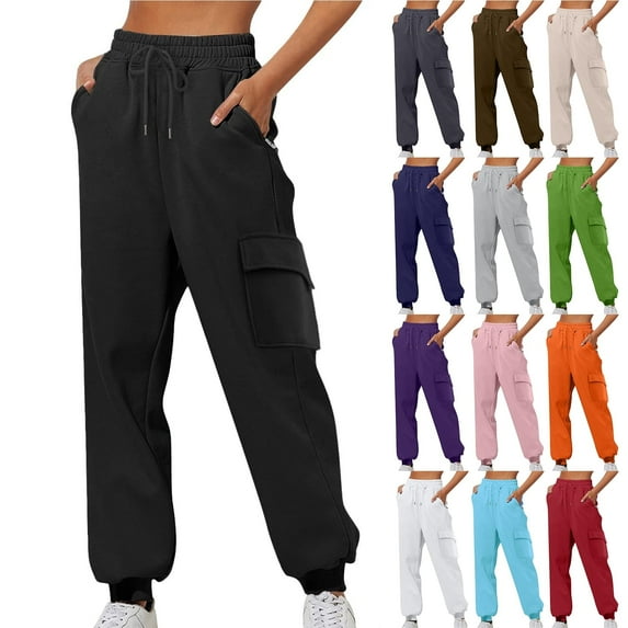 Bloomae Women's Cargo Sweatpants Loose Fit Casual Elastic High Waist Drawstring Cinch Bottom Joggers Lounge Pants with Pockets Red S