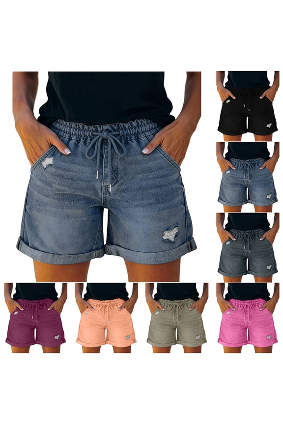 Women's Casual Stretchy Ripped Denim Shorts Drawstring Elastic High Rise Distressed Rolled Hem Jeans Shorts with Pockets Orange S