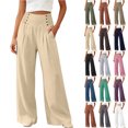 thumbnail image 1 of Bloomae Women's Casual Wide Leg Pants Smocked Elastic High Waist Chic Button Decoration Palazzo Lounge Trousers Loose Comfy Work Business Pants with Pockets, 1 of 6