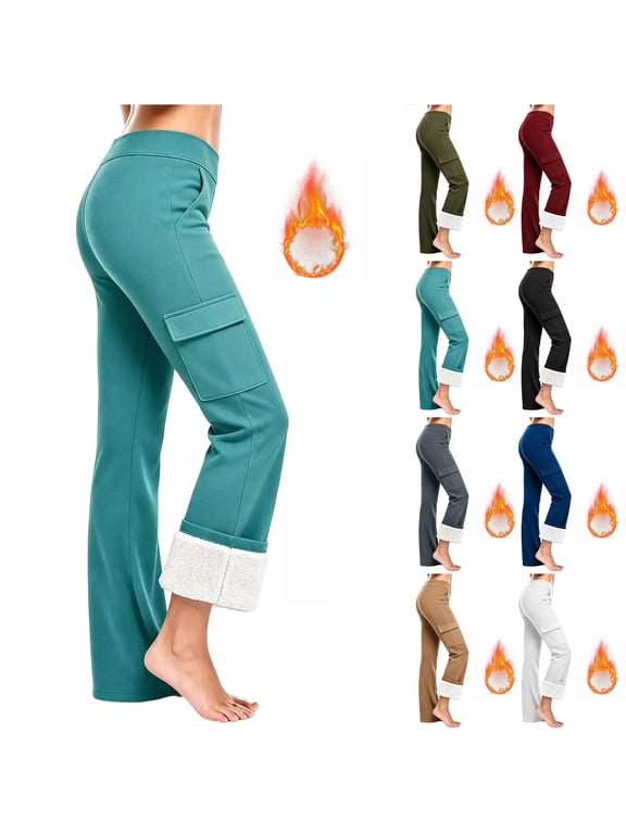 Women's Fleece Lined Cargo Pants with Multi-Pockets Elastic High Waist Bootcut Fall Winter Flare Leggings for Work, Hiking, Travel