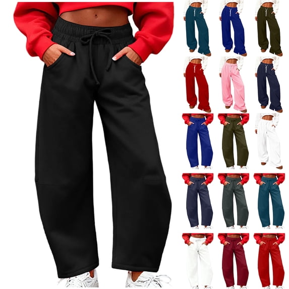 Bloomae Women's Fleece Lined Sweatpants Foldover Waistband Drawstring Loose Wide Leg Sweat Pants Warm Baggy Thermal Lounge Pants with Pockets Black L