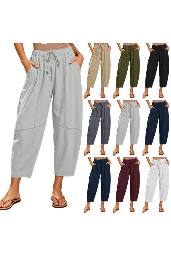 Women's Harem Capri Pants Casual Loose Fit Wide Leg Cropped Trousers Lightweight Drawstring Elastic Waist Lounge Capris with Pockets