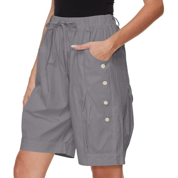 Bloomae Women's High Waist Bermuda Shorts Loose Drawstring Capri Pants with Pockets Wide Leg Summer Shorts Button Decor Gray XXL