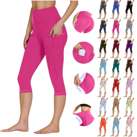 Bloomae Women's High Waisted Yoga Capris with Pockets, Basic Solid Color Tummy Control Non See Through Workout Athletic Running Capri Yoga Leggings Pink M
