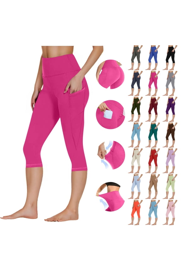 Women's High Waisted Yoga Capris with Pockets, Basic Solid Color Tummy Control Non See Through Workout Athletic Running Capri Yoga Leggings Pink XXXL