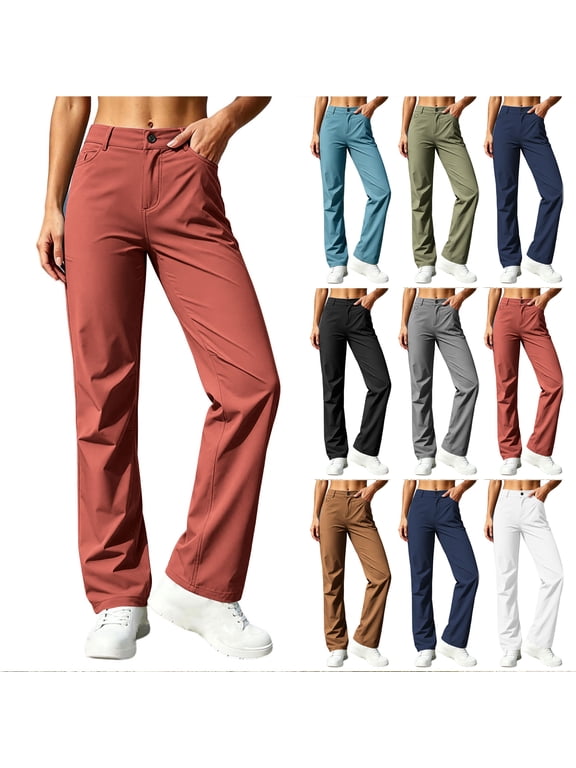 Women's Hiking Climbing Pants with Pockets Lightweight Quick Dry Button Elastic High Waist Work Slacks Trendy Solid Stretch Jogger Pants for Trekking Travel