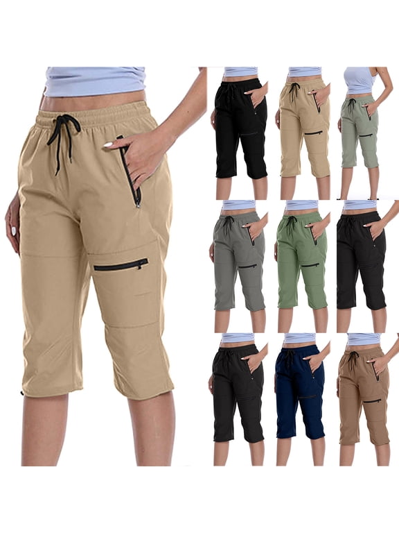 Women's Lightweight Hiking Capri Pants Quick Dry Workout Cargo Capris Casual Drawstring Elastic High Waist Athletic Workout Cropped Pants with Multi-Pockets