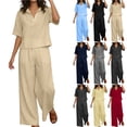 thumbnail image 1 of Bloomae Women's Linen 2 Piece Wide Leg Pant Set Lapel Collar V Neck Short Sleeve Tops and Elastic Waist Lounge Pants Lightweight Casual Solid Color Breathable Summer Outfits Red XXXL, 1 of 10