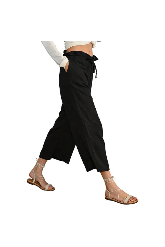 Women's Linen Capris Wide Leg Ruffle Trim Drawstring High Waisted Pants Casual Drawstring Summer Loose Comfy Capri Pants with Pockets Black XXL
