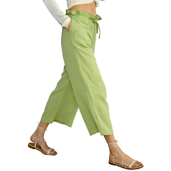 Bloomae Women's Linen Capris Wide Leg Ruffle Trim Drawstring High Waisted Pants Casual Drawstring Summer Loose Comfy Capri Pants with Pockets Green XL