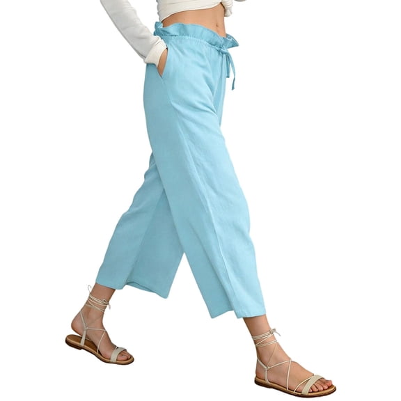 Bloomae Women's Linen Capris Wide Leg Ruffle Trim Drawstring High Waisted Pants Casual Drawstring Summer Loose Comfy Capri Pants with Pockets Light Blue L