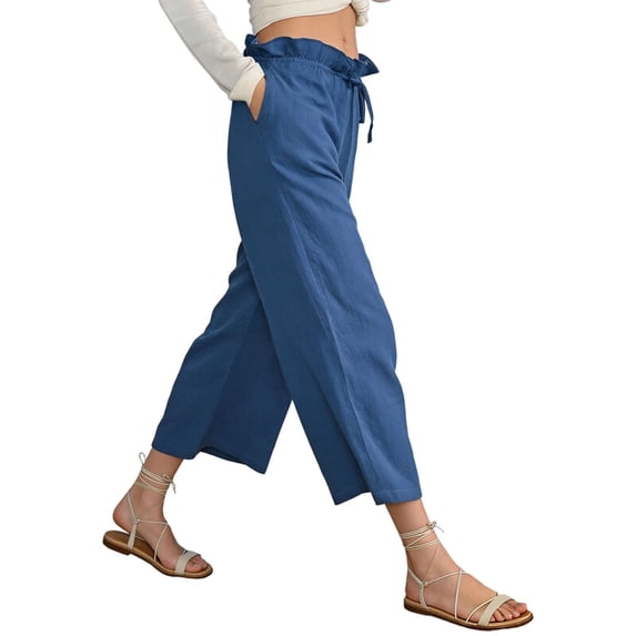 Bloomae Women's Linen Capris Wide Leg Ruffle Trim Drawstring High Waisted Pants Casual Drawstring Summer Loose Comfy Capri Pants with Pockets Navy S