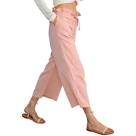 Bloomae Women's Linen Capris Wide Leg Ruffle Trim Drawstring High Waisted Pants Casual Drawstring Summer Loose Comfy Capri Pants with Pockets Pink M