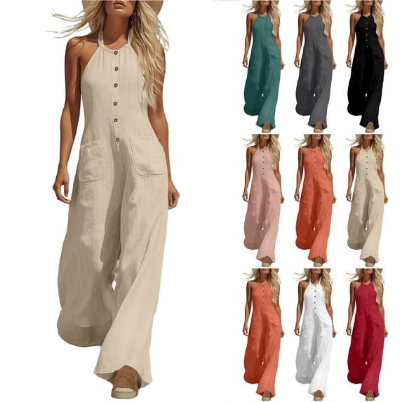 Bloomae Women's Linen Halter Neck Jumpsuit High Waist Wide Leg Rompers with Front Button Decor Lightweight Casual Summer Sleeveless One Piece Overall Pants with Pockets