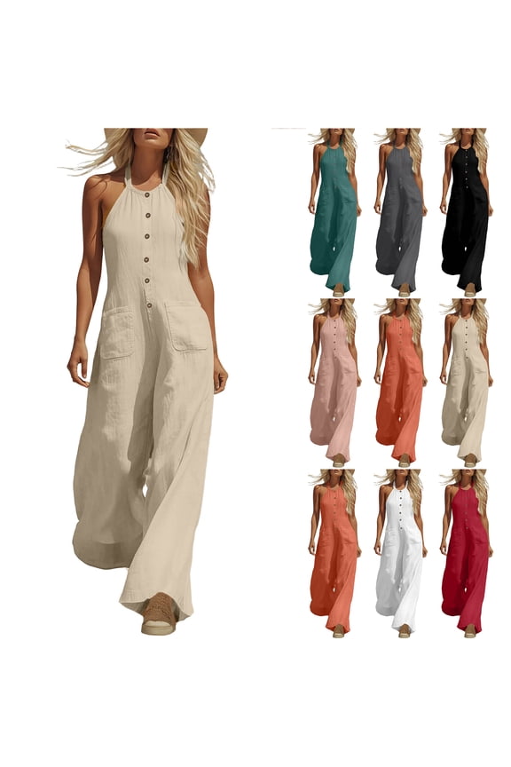 Women's Linen Halter Neck Jumpsuit High Waist Wide Leg Rompers with Front Button Decor Lightweight Casual Summer Sleeveless One Piece Overall Pants with Pockets