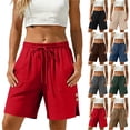 thumbnail image 1 of Bloomae Women's Linen Shorts Casual Button Side Slit Bermuda Long Shorts Drawstring Elastic High Waisted Comfy Summer Beach Vacation Short Pants with Pockets Blue XL, 1 of 8