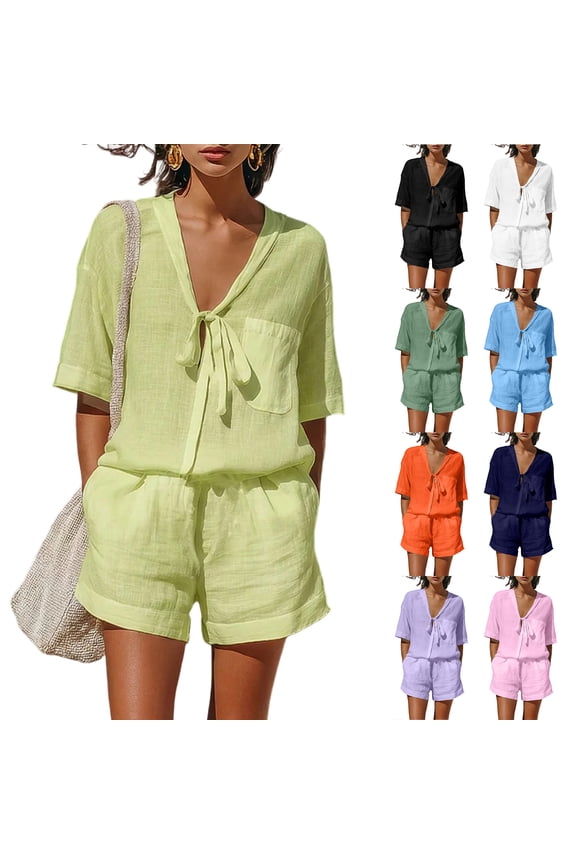 Women's Linen Two Piece Short Set Casual Tie Front V Neck Short Sleeve Top with Pocket & Elastic Waist Shorts Lightweight Trendy Solid Color Breathable Summer Outfit Clothes Green L