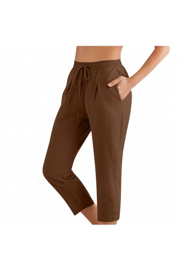 Women's Petite Linen Capris Capri Pants with Pockets Lightweight Trendy Solid Color Casual Drawstring Elastic High Waist Straight Leg Cropped Trousers Brown XXL