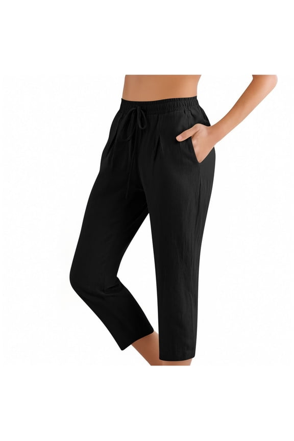Women's Petite Linen Capris Capri Pants with Pockets Lightweight Trendy Solid Color Casual Drawstring Elastic High Waist Straight Leg Cropped Trousers Black L