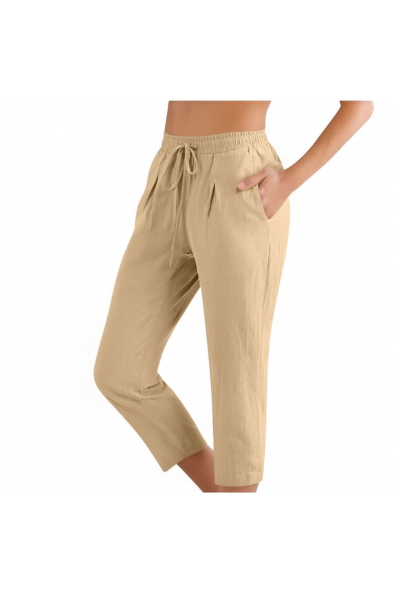 Women's Petite Linen Capris Capri Pants with Pockets Lightweight Trendy Solid Color Casual Drawstring Elastic High Waist Straight Leg Cropped Trousers Khaki M