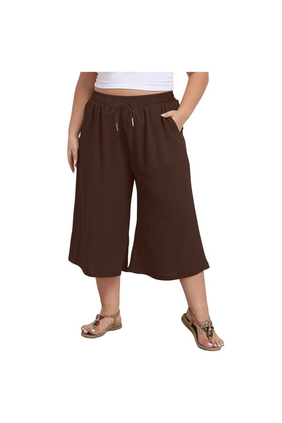 Women's Plus Size Capri Culottes Pants Drawstring Elastic High Waisted Wide Leg Palazzo Trousers with Pockets for Summer Casual Wear Brown XXXXL