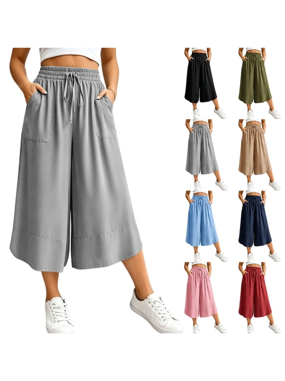 Women's Plus Size Wide Leg Capri Pants Drawstring Elastic Waist Loose Lounge Cropped Culottes Summer Casual Flowy Palazzo Capris Pants with Pockets