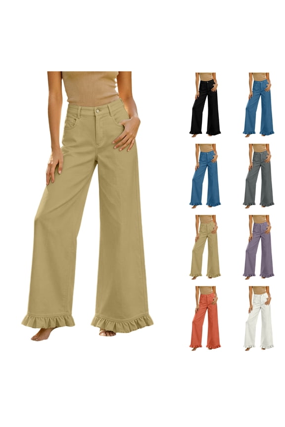Women's Ruffle Hem Wide Leg Pants Lightweight Casual Flared Button Elastic Waist Palazzo Pant Loose Flowy Beach Trousers with Pockets