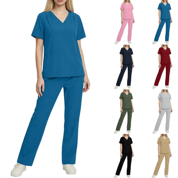 Bloomae Women’s Scrub Set 4-Way Stretch Lightweight Summer Ruched Short Sleeve V-Neck Scrub Top & Straight Leg Jogger Pant Medical Uniform Set Beige M