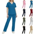 thumbnail image 1 of Bloomae Women’s Scrub Set 4-Way Stretch Lightweight Summer Ruched Short Sleeve V-Neck Scrub Top & Straight Leg Jogger Pant Medical Uniform Set Pink S, 1 of 10