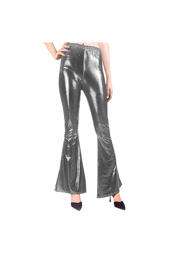 Women's Shiny Metallic Bootcut Pants Vintage 70s Cowgirl Yoga Bell Bottom Pants Stretchy Disco Dance Flare Club Wear Trousers Silver M