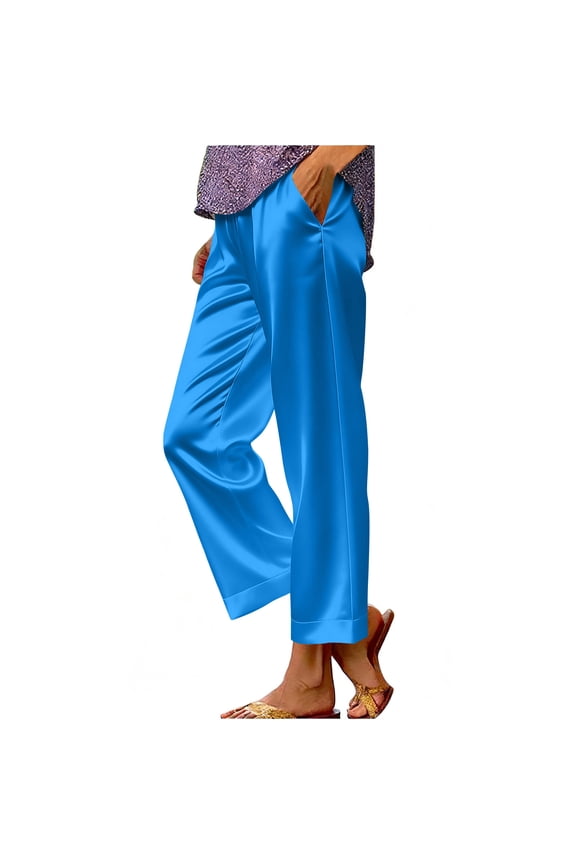 Women's Silk Satin Pajama Pants Loose Fit Casual Wide Leg Lounge Pants Elastic High Waist Pj Bottoms with Side Pockets Sky Blue M