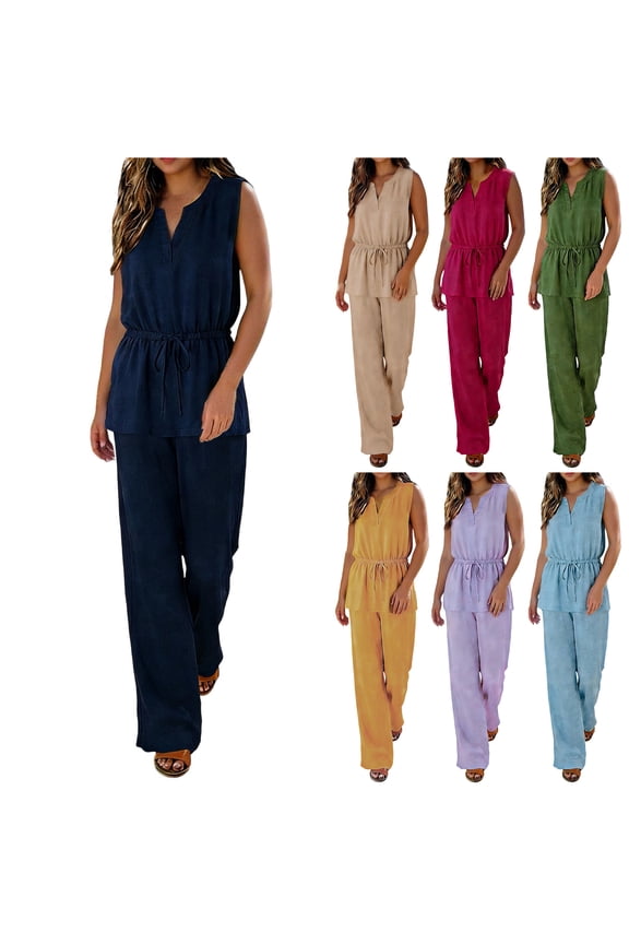 Women's Summer 2 Piece Outfits Cotton Linen Sleeveless V Neck Ruched Belted Tank Tops and Loose Wide Leg Pant Sets Casual Tracksuit Purple XXL