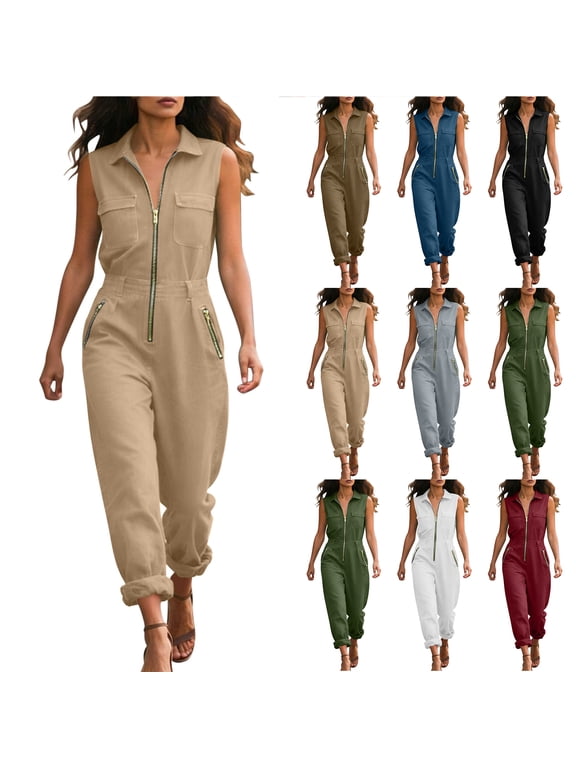 Women's Summer Sleeveless Cargo Jumpsuit Casual Lapel Collared Half Zip Up Front Workout One Piece Bodyon Rompers Roll Hem Summer Workwear Travel Outfit with Zipper Pockets