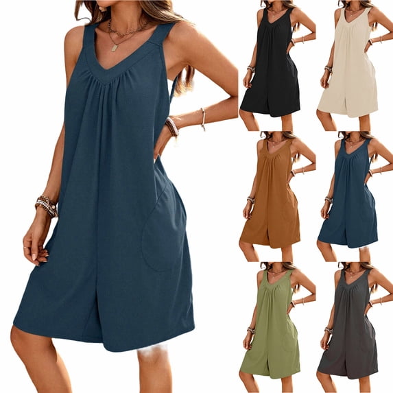 Bloomae Women's Summer Sleeveless Jumpsuits Casual Ruched V Neck Short Rompers Loose Strap Shorts Overalls Trendy One Piece Outfits with Pockets Dark Gray L