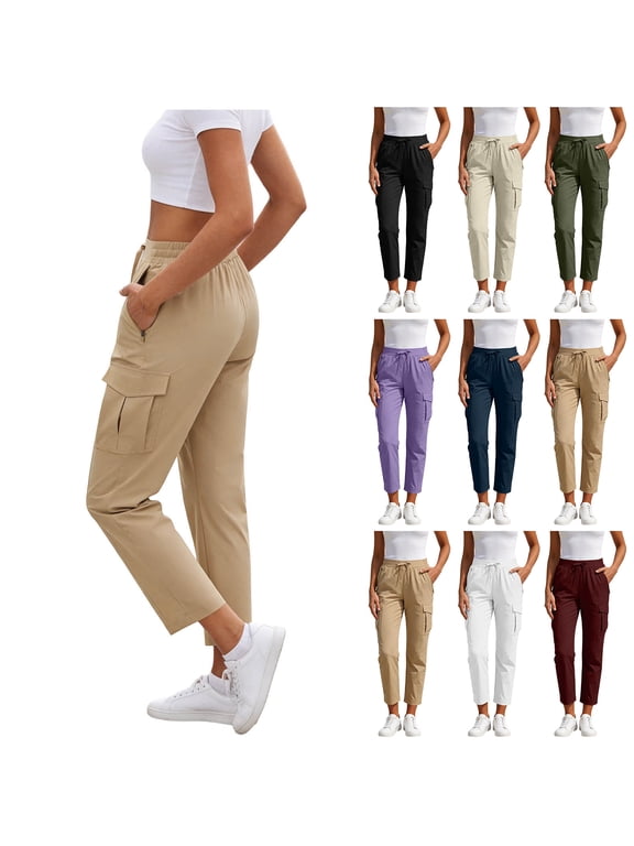 Women's Travel Pants with Zipper Pockets Drawstring Elastic High Waist Petite Ankle Slacks Lightweight Stretch Quick Dry Cargo Summer Cool Pants Black XXL