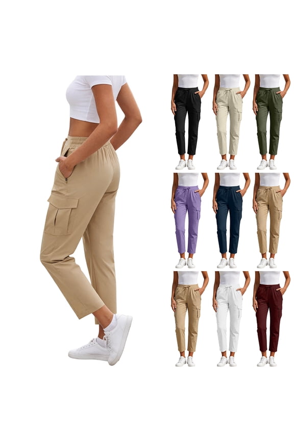 Women's Travel Pants with Zipper Pockets Drawstring Elastic High Waist Petite Ankle Slacks Lightweight Stretch Quick Dry Cargo Summer Cool Pants White L