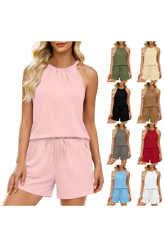 Women's Two Piece Sets Summer Halter Neck Sleeveless Tank Tops and Drawstring Elastic Waist Short Patns Set Matching Beach Vacation Shorts Outfits Clothes