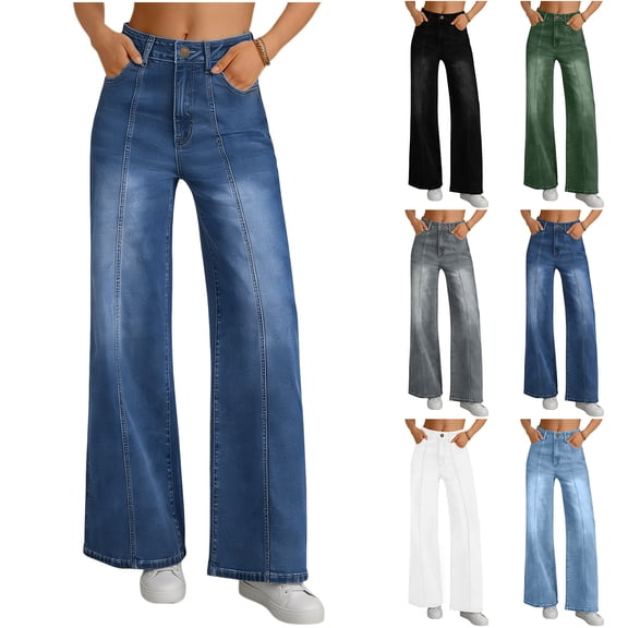 Bloomae Women's Wide Leg Baggy Jeans - Stretchy Baggy High Waisted Relaxed Fit Pants, Super Soft Stretch Denim with Front Seam Black M