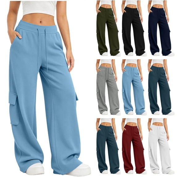 Bloomae Women's Wide Leg Cargo Sweatpants Casual Drawstring Elasitc High Waist Baggy Cargo Pants Loose Comfy Workout Jogger Trousers with Multi-Pockets