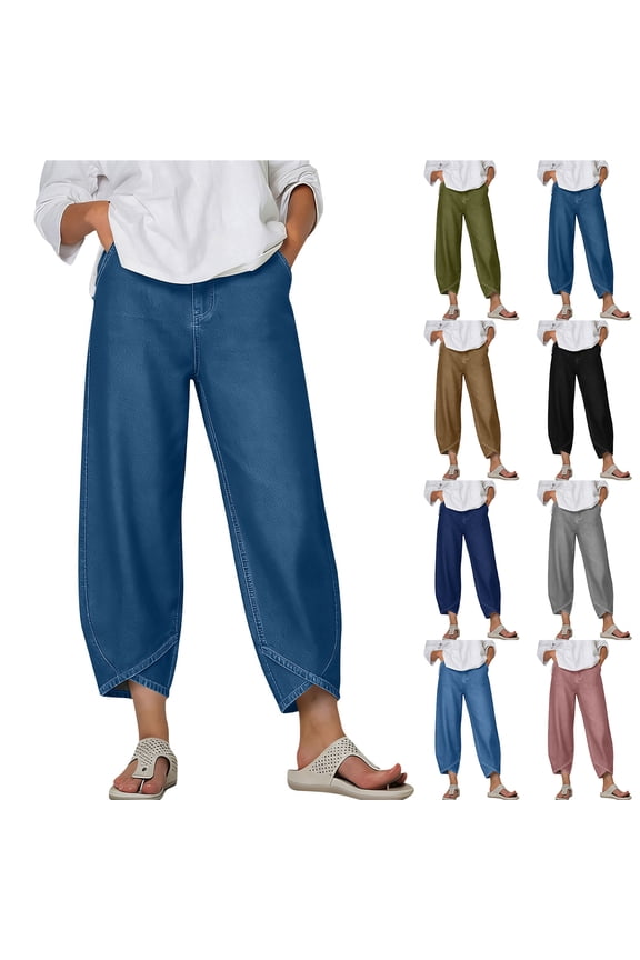 Women's Wide Leg Cropped Imitation Denim Pants Elastic Waist Loose Fit Trousers Lightweight Casual Summer Petal Harem Lounge Pants with Pockets Navy XXL