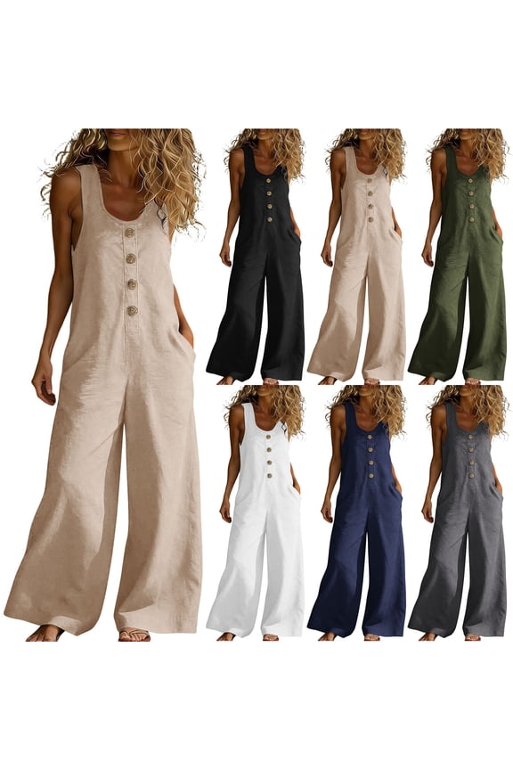 Women's Wide Leg Jumpsuit Sleeveless Button Front Cotton Linen Romper with Pockets Casual Solid Color Summer Overalls Pants for Daily Wear & Vacation Beige M