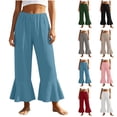 thumbnail image 1 of Bloomae Women's Wide Leg Linen Capri Pants Elastic High Waist Ruffle Hem Casual Loose Cropped Trousers Solid Color Lightweight Daily Lounge Capris with Pockets, 1 of 10