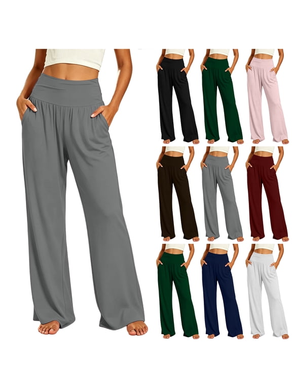 Women's Wide Leg Palazzo Lounge Pants with Pockets Light Weight Elastic High Waist Comfy Yoga Pants Loose Casual Flowy Pajama Pants