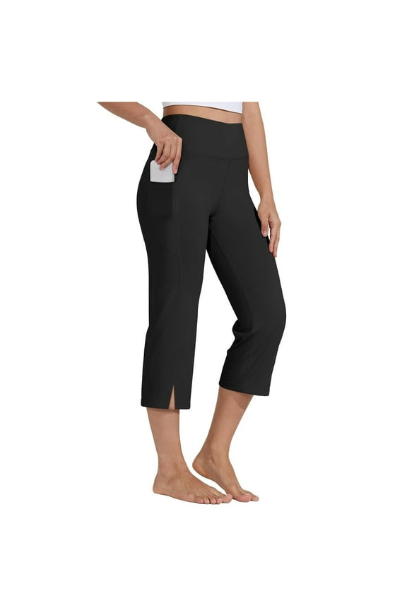 Women's Yoga Capris Pants High Waist Leggings Crop Straight Leg Side Slit Athletic Exercise Workout Capris with Pockets Black M