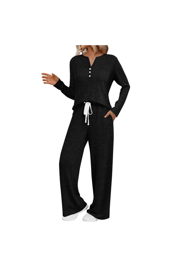 Womens 2 Piece Lounge Sets Matching Airport Travel Outfits Ribbed Knt Long Sleeve Half Button V Neck Sweater and Pants Fall Spring Clothing Trendy Cozy Pajamas Sweat Suits Pockets Black S