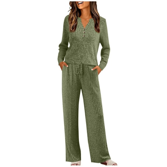 Bloomae Womens 2 Piece Lounge Sets Matching Travel Outfits Ribbed Knit Long Sleeve Henley Shirts Drawstring Jogger Sweatpants Fashion Fall Spring Pajamas Sweat Suits with Pockets Army Green XL