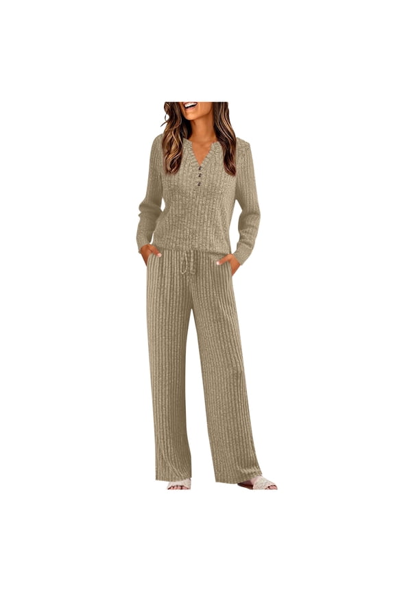Womens 2 Piece Lounge Sets Matching Travel Outfits Ribbed Knit Long Sleeve Henley Shirts Drawstring Jogger Sweatpants Fashion Fall Spring Pajamas Sweat Suits with Pockets Khaki S