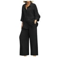 thumbnail image 1 of Bloomae Womens 2 Piece Outfits Casual Long Sleeve Button Down V Neck Tops Loose Wide Leg Pants Linen Lounge Sets Tracksuits Travel Outfits with Pockets A01-Black XXXL, 1 of 6