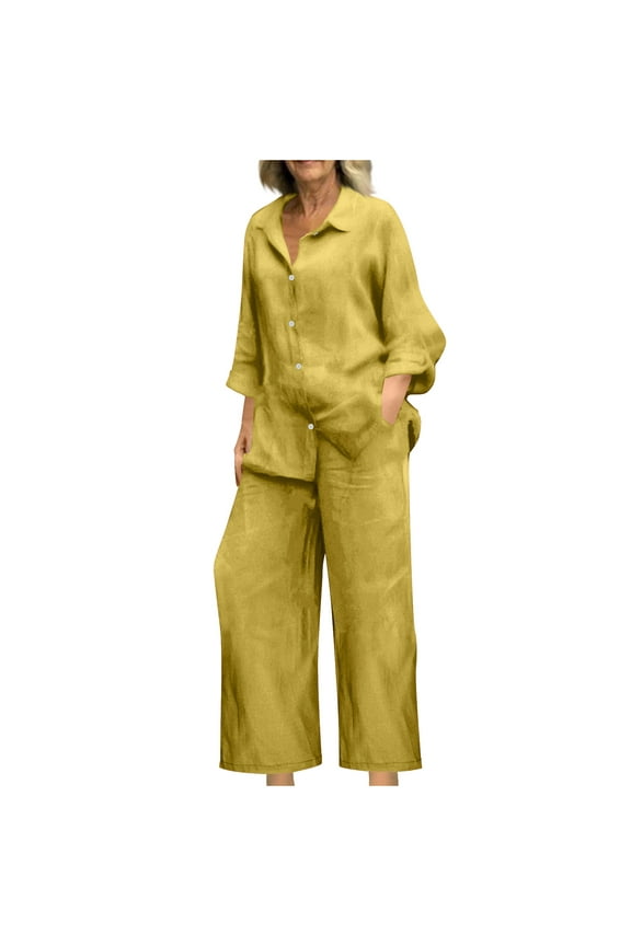 Womens 2 Piece Outfits Casual Long Sleeve Button Down V Neck Tops Loose Wide Leg Pants Linen Lounge Sets Tracksuits Travel Outfits with Pockets A01-Yellow S